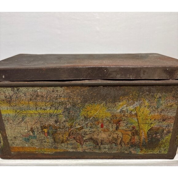Thomas J Lipton Tea Tin Planters Hinge Lid Scenic Graphic Rustic Patina 9x6x4.5" - Picture 4 of 11